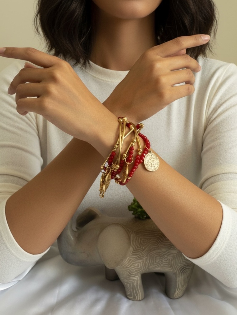 Red Crystal Beads Bracelet with 14 K Gold Plated Religious Charms Set of 6